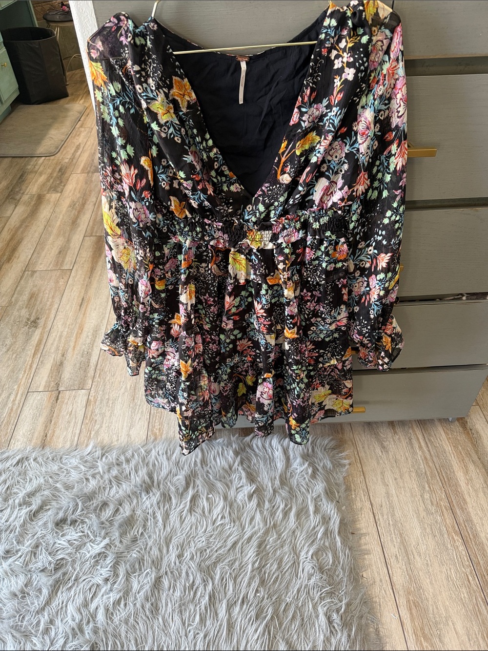 Free People Black Floral V-Neck Mini Dress